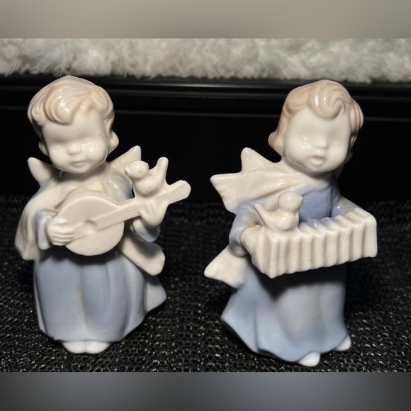 Set (2) Vintage Sanmyro Japan Porcelain Songbird Angels Mandolin Concertina 3.5” - Picture 1 of 12